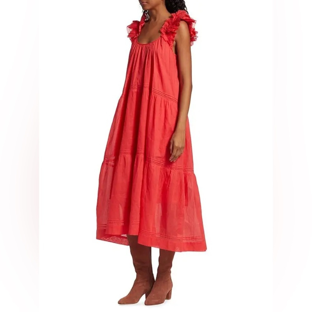 The Great The Dove Tiered Midi Dress in Tart Red Romantic Cotton Voile